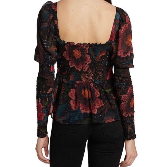 FARM Rio NWT Black River Creatures Smocked Floral Chiffon Sheer Blouse XS - Picture 5 of 10